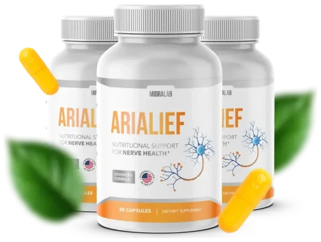 Three bottles of AriaLief capsules with loose capsules and a green leaf